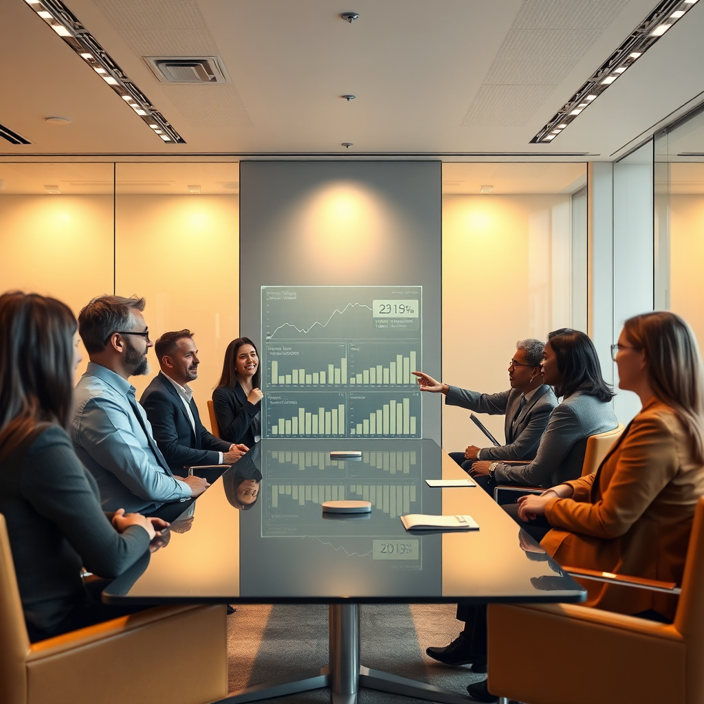 Create a 4K resolution, high-quality image for the "About Us" section of JULION, a shop specializing in Gold, Silber, Platin, and Palladium. The scene should depict a diverse group of investors meeting with a JULION consultant in a modern, well-lit office. The consultant should be gesturing towards a holographic display showing charts and graphs of precious metal values. The overall atmosphere should be professional and trustworthy, with a color palette that uses warm gold and silver tones to create a sense of stability and wealth. The camera angle should be slightly elevated, capturing the entire meeting space. Pay close attention to the details of the environment, including the quality of the furniture, the lighting, and the expressions on the faces of the people in the scene. The style should be clean and modern, inspired by corporate photography. Hyperrealistic details are preferred but some stylization is accepted to enhance the scene’s storytelling capabilities.