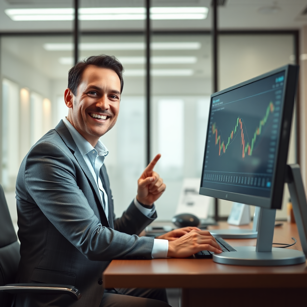 Create a photorealistic image of a friendly financial advisor sitting at a desk, smiling and pointing at a chart of precious metal values on a computer screen. The advisor should have a professional yet approachable demeanor. The environment should be a modern, well-lit office. Emphasize trust and expertise through facial expression and the overall setting.