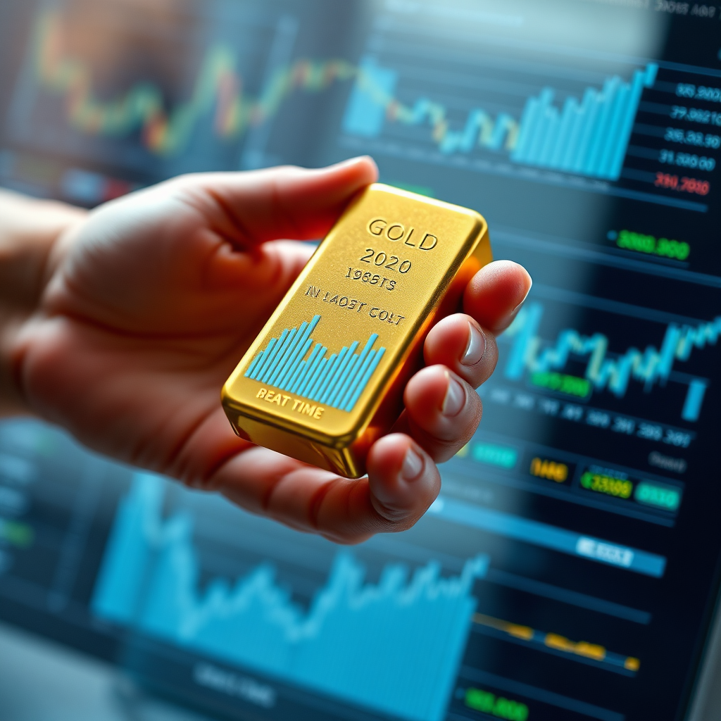 Create a photorealistic image of a hand holding a gleaming gold bar, with a transparent overlay showing real-time market data and graphs. The background should be blurred to focus on the gold and the data, symbolizing clear and accessible information.