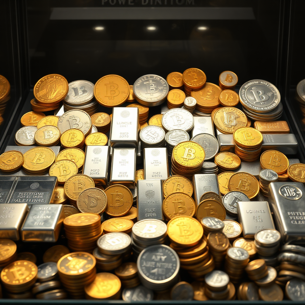 Create a photorealistic image of a display case filled with a wide variety of gold coins, silver bars, platinum ingots, and palladium rounds. The coins and bars should be arranged in an organized and visually appealing manner. Use lighting to accentuate the detail and luster of the metals.