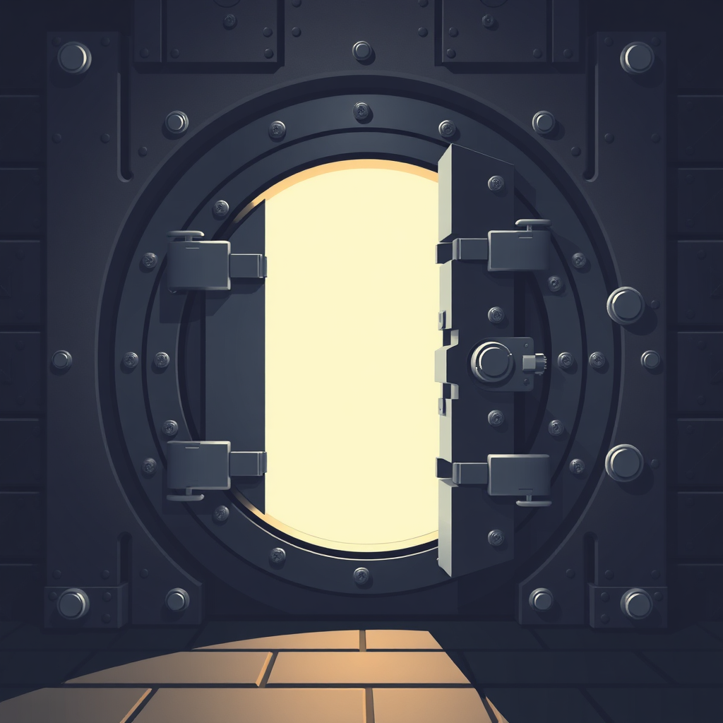 Create a stylized image of a heavily secured vault door, made of thick steel with multiple locking mechanisms. Light should emanate from within, casting shadows and emphasizing the vault's solidity and security. The overall aesthetic should be intimidating yet reassuring.