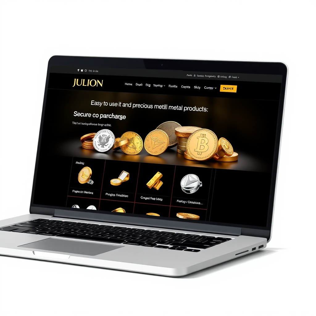 Create a stylized image of a laptop displaying the JULION website, showcasing various precious metal products available for purchase. The focus should be on ease of use and secure online transactions. The background should be clean and modern.