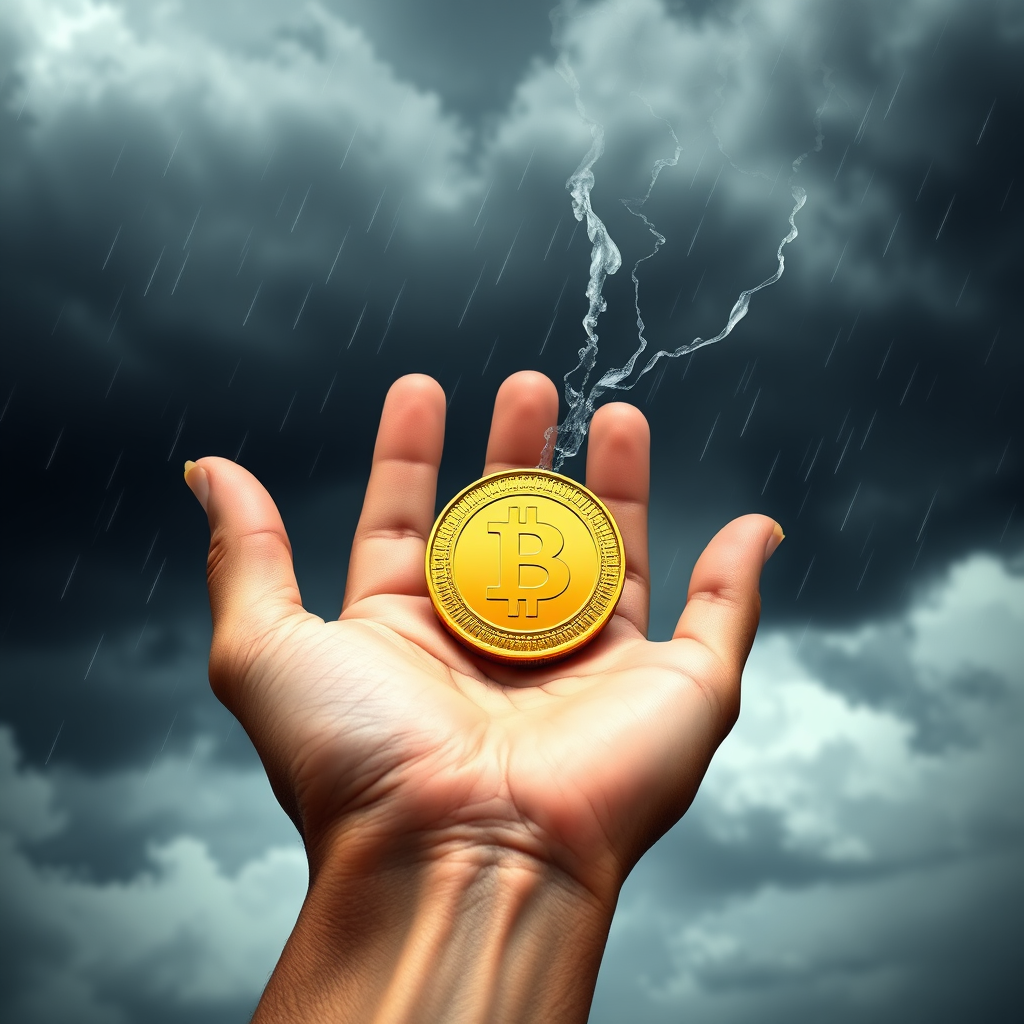 Create a symbolic image of a strong, secure hand holding a gold coin, protecting it from stormy weather in the background. The hand represents stability and security, while the coin symbolizes enduring value.