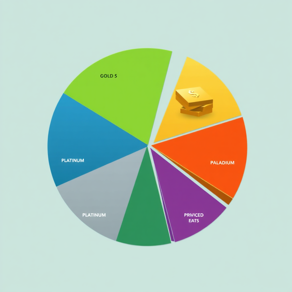 Create a visually appealing image of a pie chart, with different sections representing various investment assets, including a prominent section for precious metals (gold, silver, platinum, palladium). The chart should symbolize a balanced and diversified portfolio.