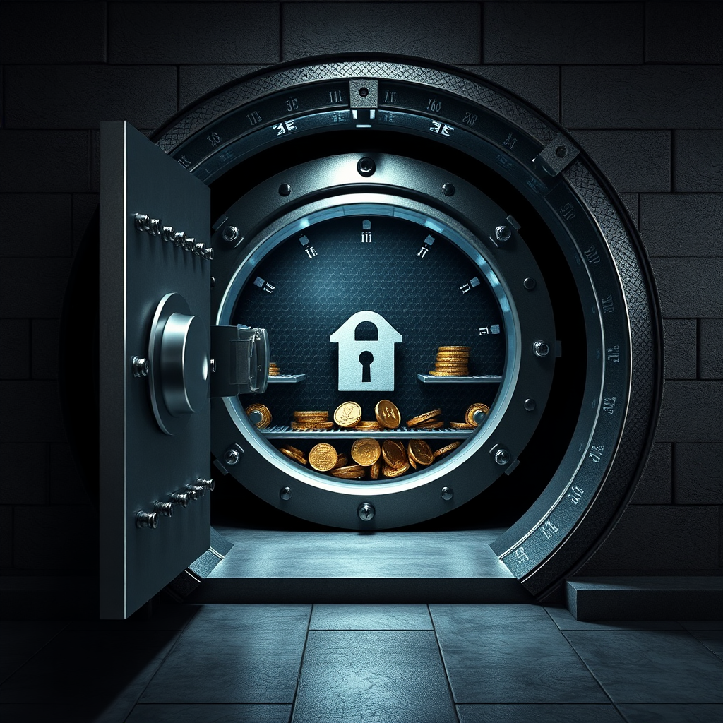 Create a visually compelling image of a highly secure vault, highlighting the security measures in place to protect precious metals stored within. Emphasize safety and trustworthiness.