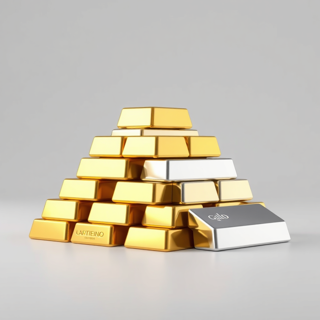 Create a visually striking image of stacked gold and silver bars, arranged in a pyramid shape to emphasize value and abundance. Subtle lighting should highlight the reflective surfaces of the metals. The overall composition should be clean and minimalist.