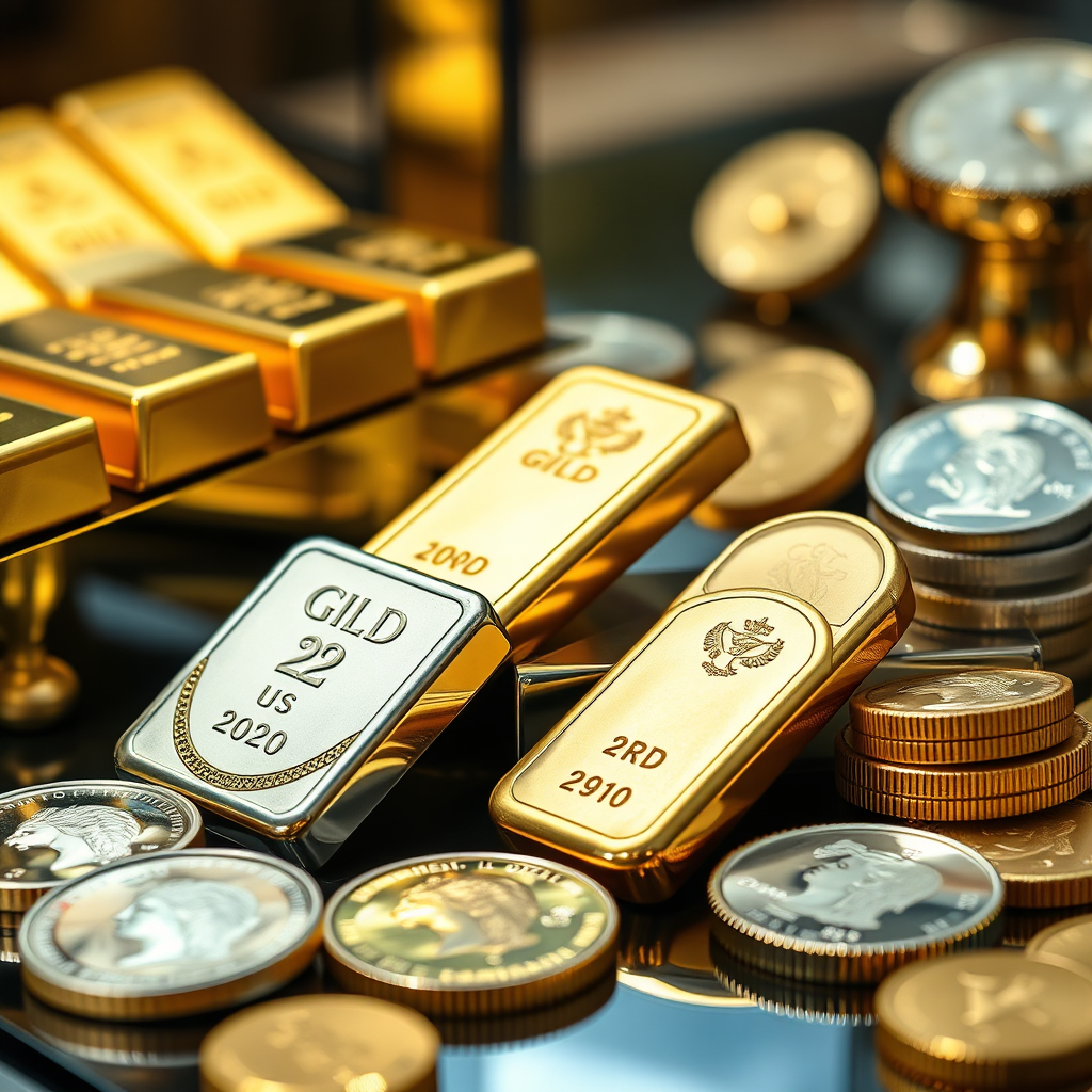 Create an image showcasing a variety of gold and silver bars and coins displayed in an elegant setting, appealing to potential buyers. Focus on the metals' luster and aesthetic appeal.